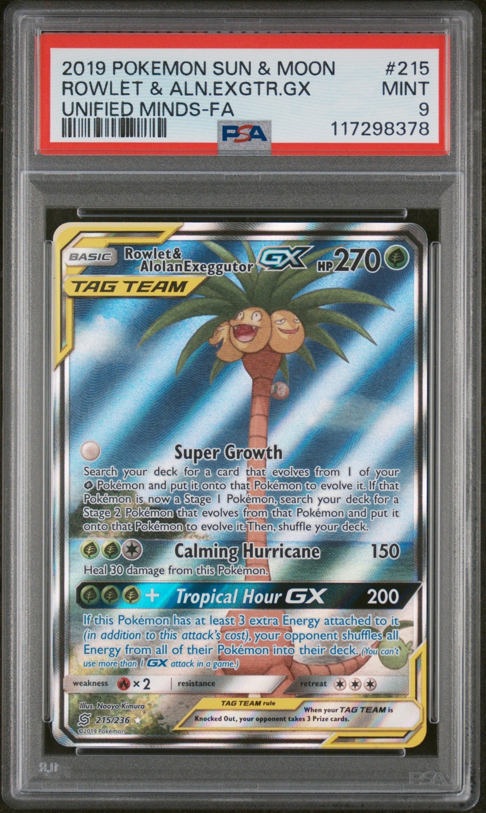 PSA 9 Rowlet & Alolan Exeggutor GX Full Alt Art Tag Team Pokemon Card #215 Mint