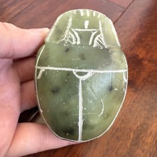 Vintage Green Soapstone Scarab Figurine Carved Egyptian Style Trinket 3.5"
