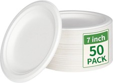 50 Pack 7 Inch Compostable Disposable Round Paper Plates, Natural White