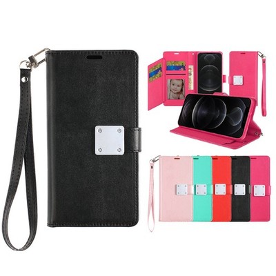 For iPhone 17 Case PU Leather Phone Wallet with Wrist strap + Tempered Glass
