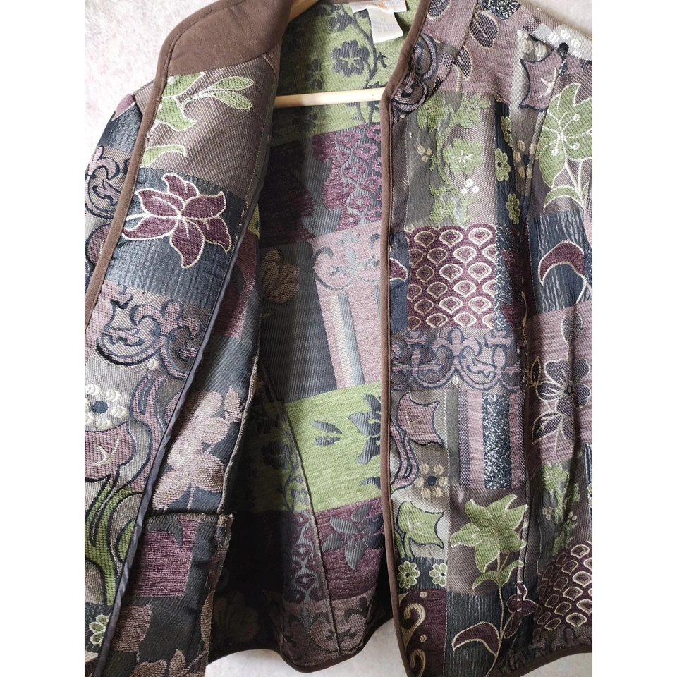 Chaqueta PRESWICK & MOORE Marrón Patchwork Tapiz Tejido Cuadrado Frente Abierto Talla 3X Foto 3 de 4