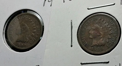 2 INDIAN HEAD PENNIES, 1907-P & 1909-P, VG AND EF, GREAT DETAILS, FREE SHIPPING