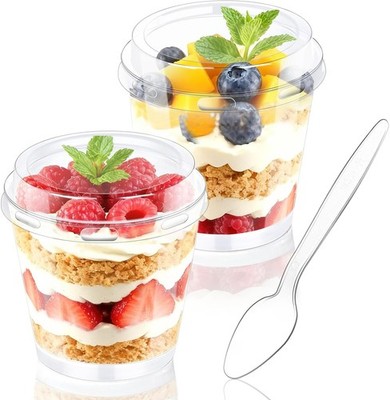 6 oz Dessert Cups with Lids and Spoons 180 Pcs | Serves 60 | Plastic Small Cake