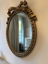 Vintage Gold Metal Oval Wall Mirror with Decorative Crest, Wall Mounted
