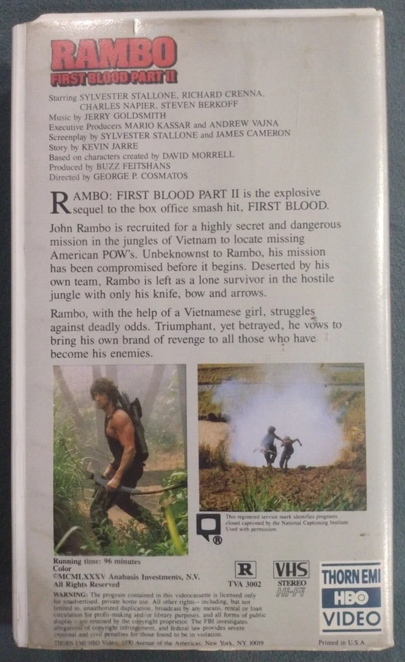 Rambo First Blood Part 2 (1985) VHS Thorn EMI HBO Video No Barcode Clamshell - Image 2 of 4