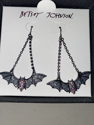 Betsey Johnson Dangling Bat Earrings Silver Crystals and Rhinestones NIB 