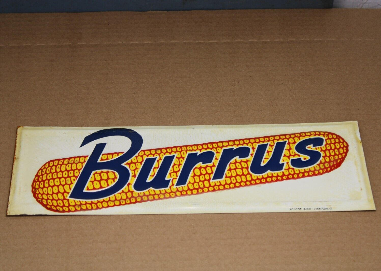 CORN GRAPHIC~ NOS NEAR MINT 1950's era BURRUS SEED CORN Old Embossed Tin Sign