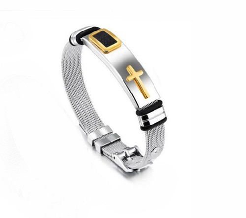 Men's Stainless Steel Mesh Christian Religious Prayer Cross Bracelet 8.5" Gold