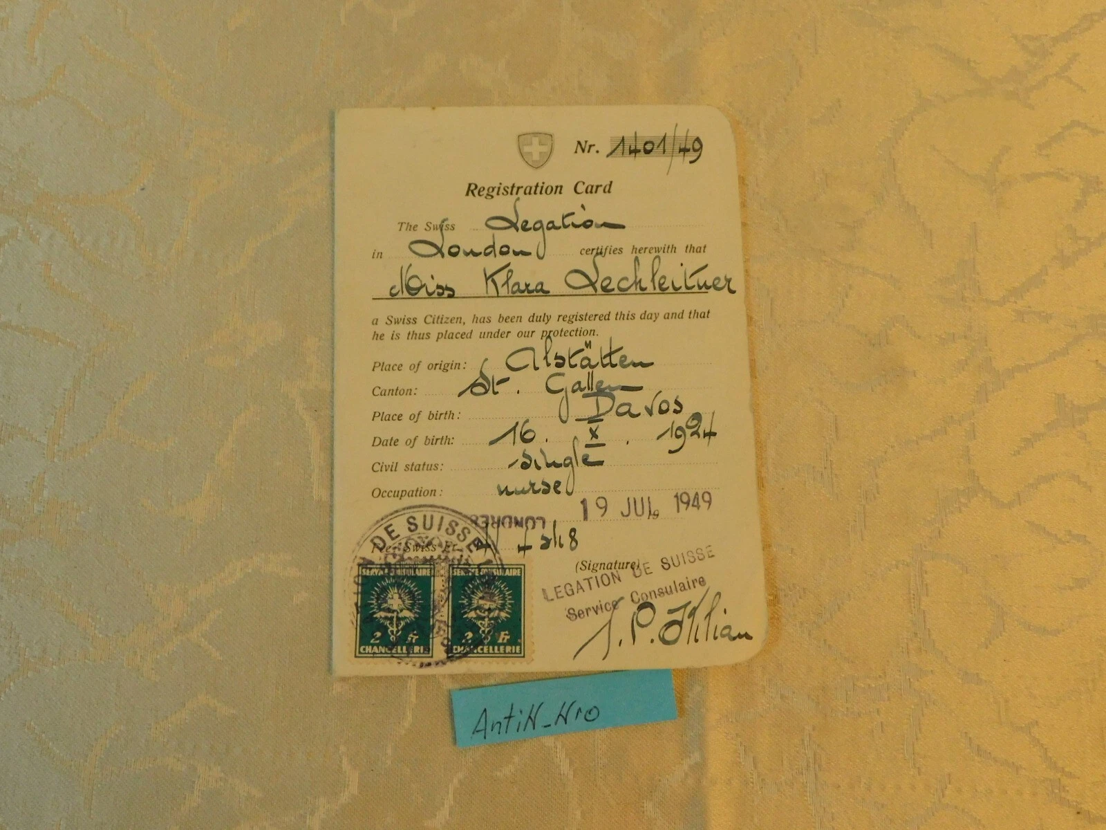 Reisepass Registration Card Schweiz !E - Foto 1 di 1