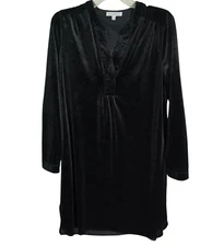 See And Be Seen Womens Black Velvet Shirt Dress Split Neck Long Sleeve Size S