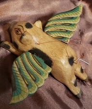 FLYING PIG HANGER (PIG), Handcrafted, WOOD, TAN Multi, 8", Bali