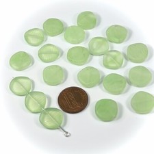 Czech Pressed Druk Smooth Flat Disc Glass Beads Cry Green Stripe Matt 14mm CL002