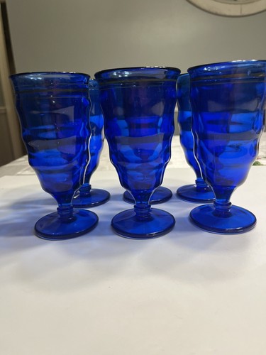 LE Smith Mt Pleasant Cobalt Blue Footed Glass 6” Tall Tumblers 6pc - Picture 2 of 12