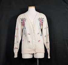 Vintage 80s Cardigan Sweater Cream Floral Cottagecore Misses Size S