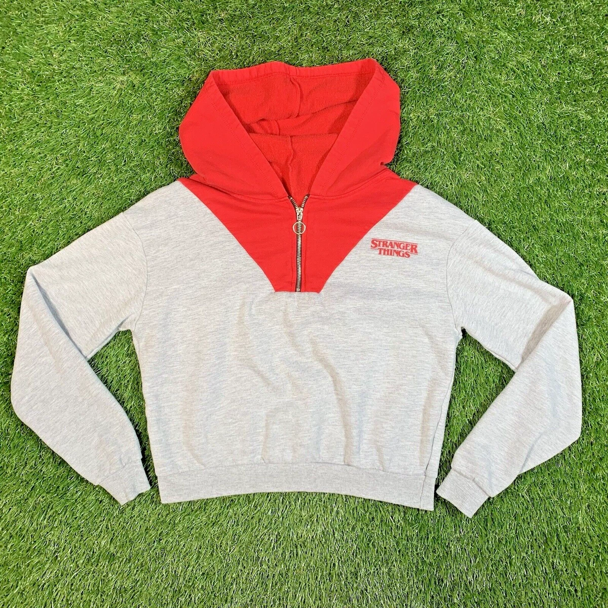 STRANGER THINGS Women s Cropped Hoodie Grey Red Netflix 1 4 Zip Size 4 6 XXS