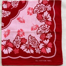 Vintage Bandana Red Cotton Pink Floral Hibiscus Pattern Hanky Handkerchief 19"