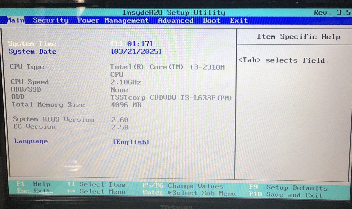 Toshiba Satellite L745-S4210 Intel Core i3-2310M 2.10GHz 4GB NO