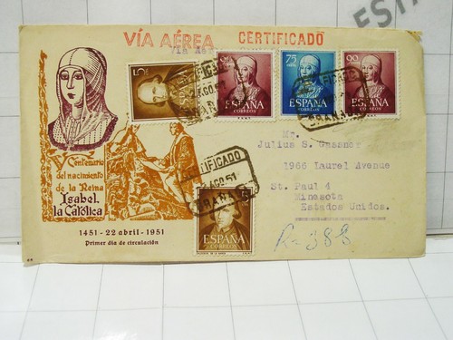 1951 ISABEL Catolica postage post stamp Spain Spanish COVER certificado envelope