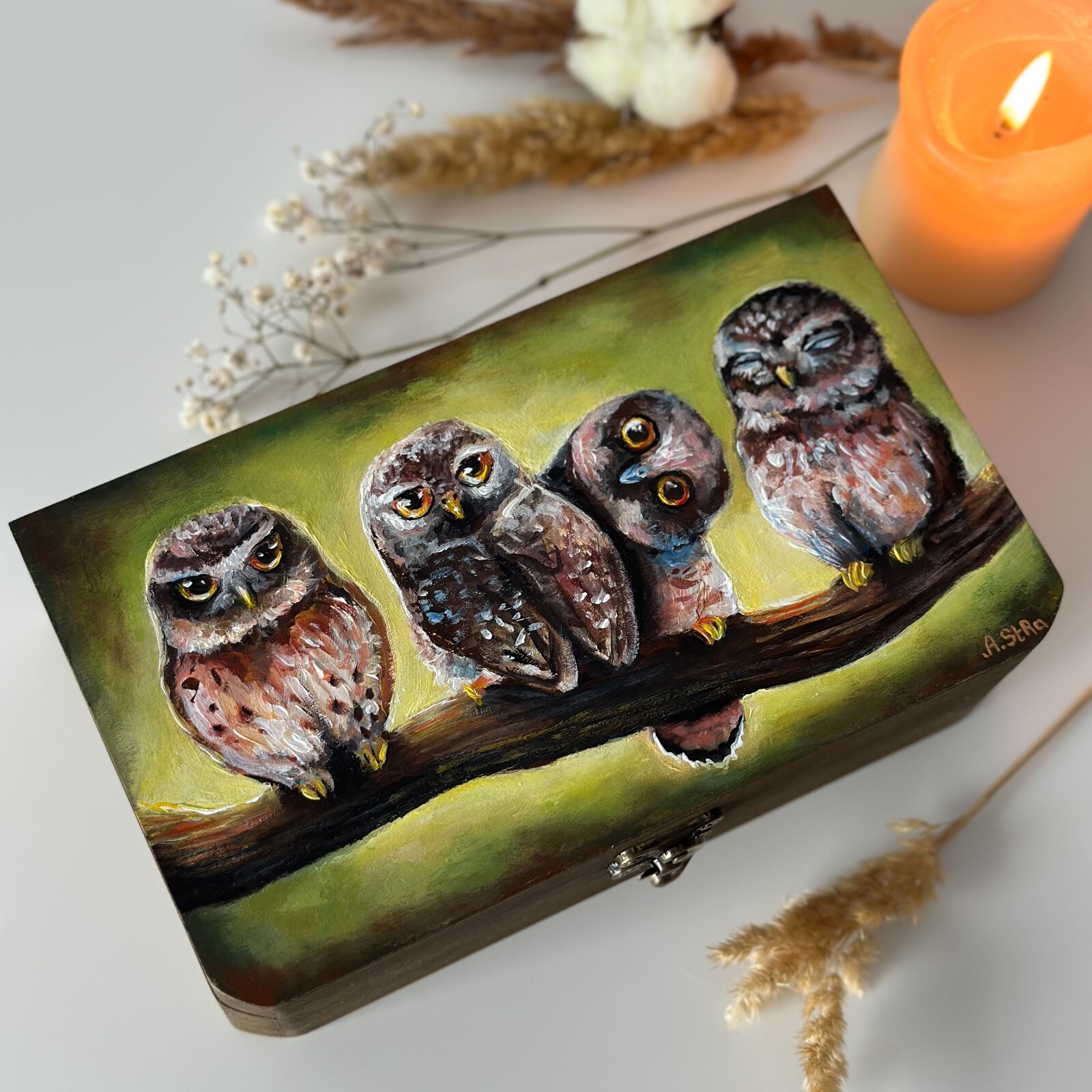 Hand-painted wooden owl jewelry trinket box with bird design