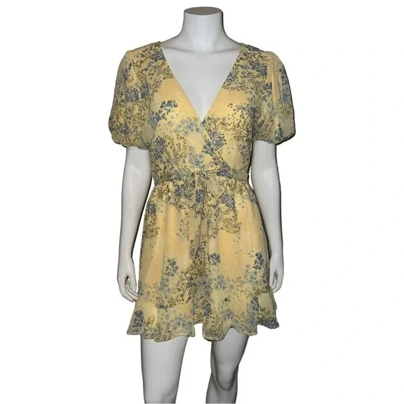 その他 jun Speechless Juniors Yellow & Blue Floral-Print Puff-Sleeve Dress