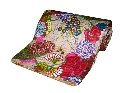 Indian Handmade Boho Hand Print Queen Size Bed Cover Throw Quilt Bedspread