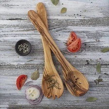 Salad Server Wooden Utensil Set, Olive Wood Spoon and Fork for Serving, 2pcs