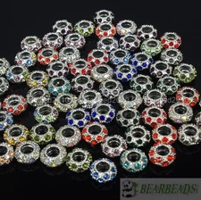 Big Hole Crystal Rhinestone Pave Silver Rondelle Spacer Beads Fit European Charm