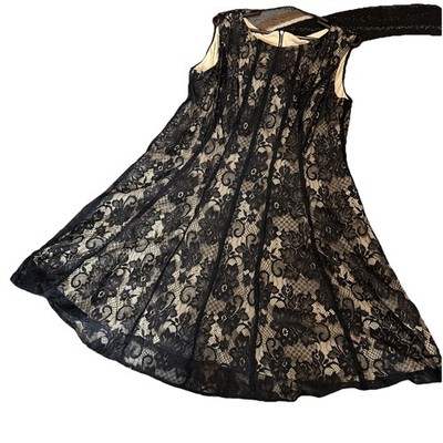 Women s Level Eight Black Lace Dress, Tan Lining Zip Back Sleeveless Size 18