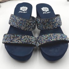 Yellow Box Gazelly Navy Blue Rhinestone Wedge Platform Slide Sandals Womens 7