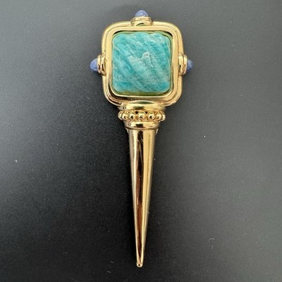 Francesca Romana Turquoise Amazonite Pendant Gold Tone Pin Sapphire Stones READ