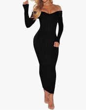 Black Long Sleeve Off The Shoulder Midi Dress S