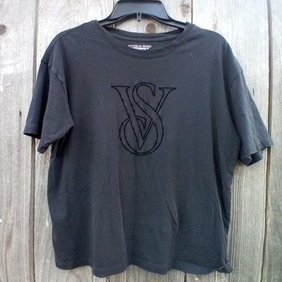 VICTORIA'S SECRET FLANNEL TEE-JAMA TSHIRT M BLACK COTTON VELVET LOGO STRETCH