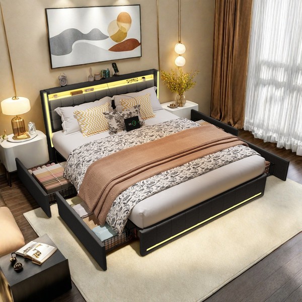 Doppelbett 140X200Cm Polsterbett Mit :Stauraum 4 Schubladen Mit Led&Usb Kopfteil-image