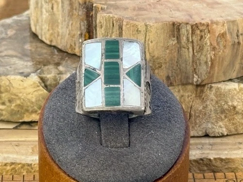 Vintage Native American Silver Mosaic Malachite MOP Inlay Ring sz 8.25--228.26