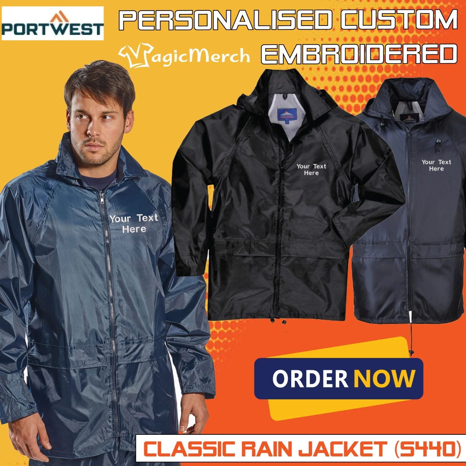 Embroidered Portwest Classic Rain Jacket Personalised Text Logo Workwear Casual