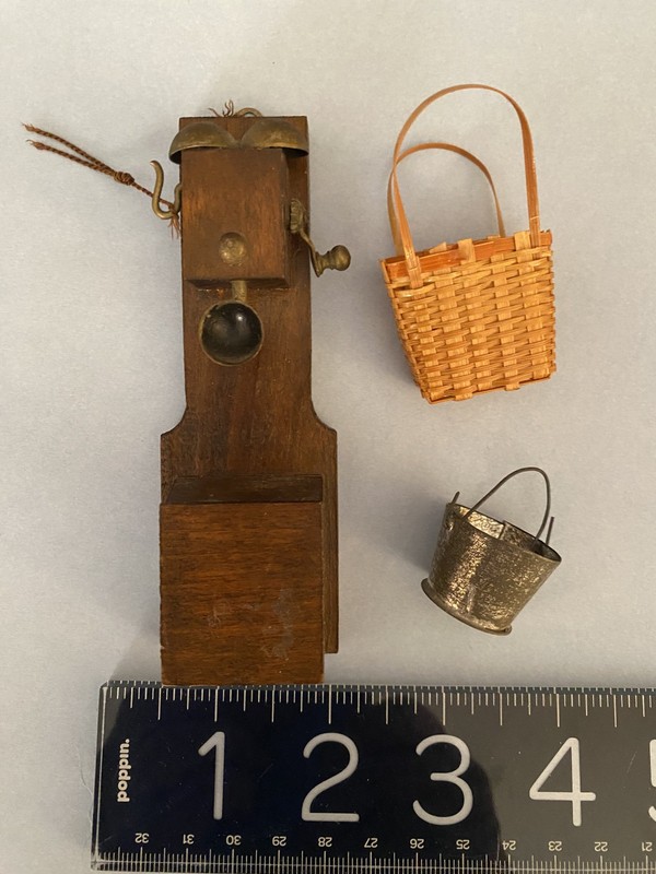 Antique Dollhouse MINIATURES: German metal/wood telephone, tin bucket, basket