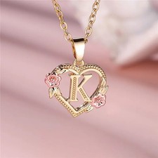 Ladies Heart Initial Letter Necklace A-Z Rose Gold Flower Pendant Gift for Women