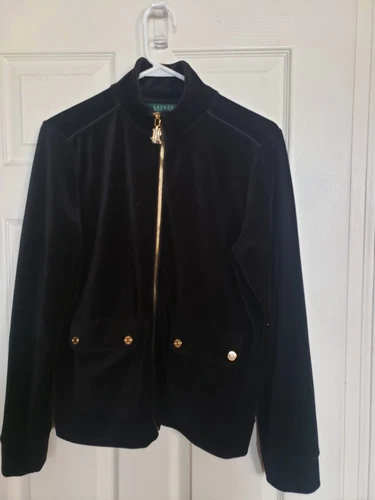 Women’s Black Velvet Ralph Lauren Zip Jacket/ Gold Accents . Size M