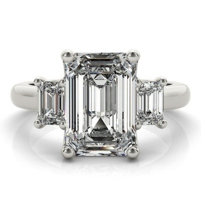 14k White Gold E VS1 Emerald Cut IGI Lab Grown Diamond Three Stone Ring 2 Ct