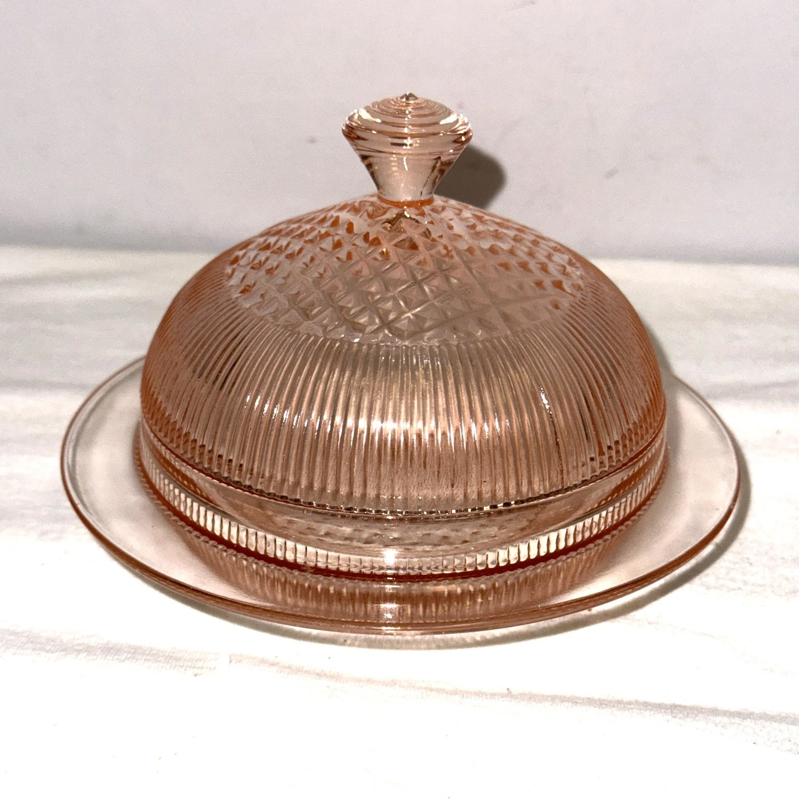 Jeannette HOMESPUN PINK BUTTER DISH W/ COVER