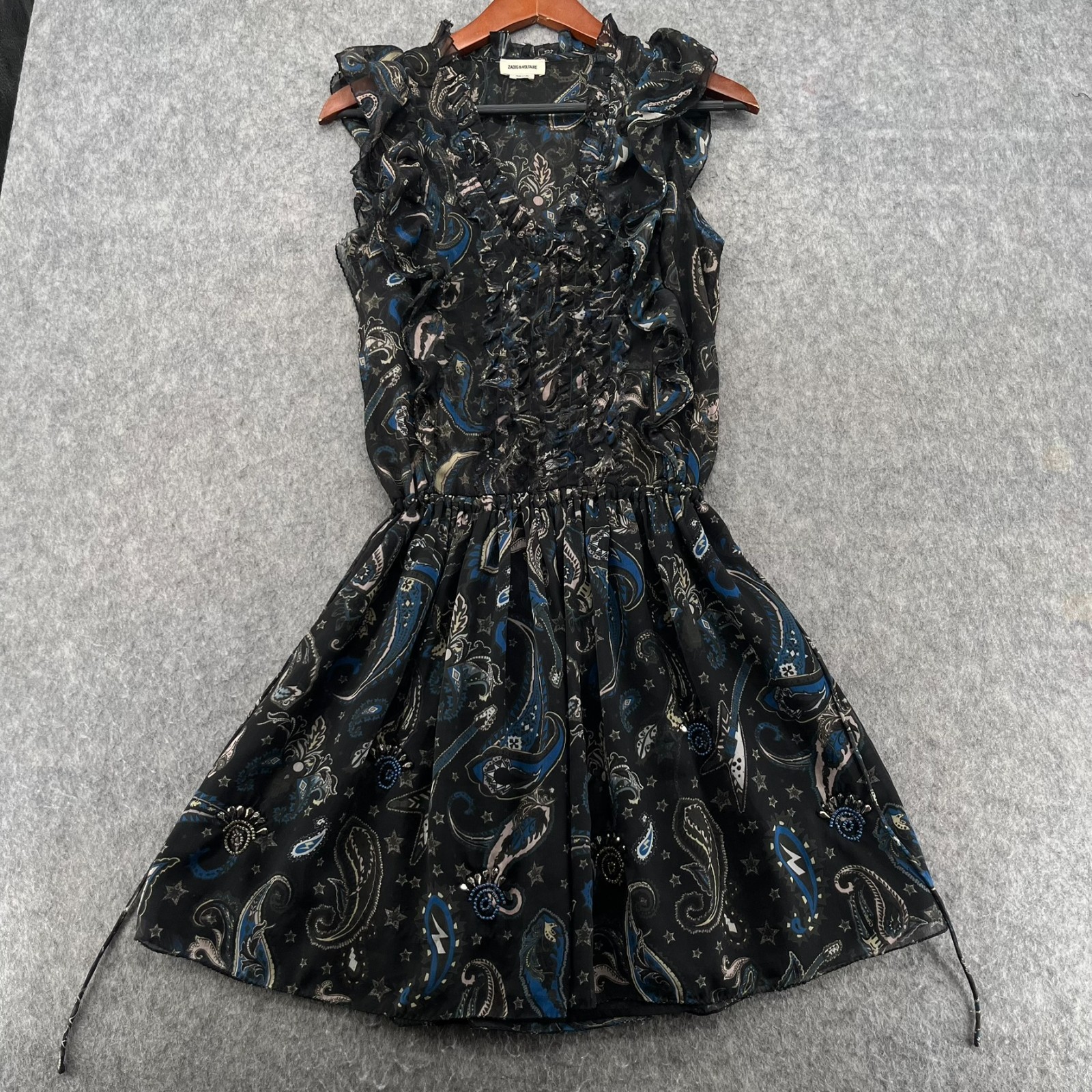 Zadig & Voltaire Black Rimana Mini Dress Size S Paisley Sleeveless V Neck Ruffle