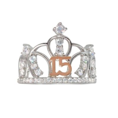 Sterling Silver Two Tone 15 Anos Quinceanera Crown CZ Stones Ladies Ring