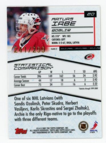 2000-01 Topps Gold Label Arturs Irbe Class 2 Gold #ed/299 Carolina Hurricanes - Picture 2 of 2