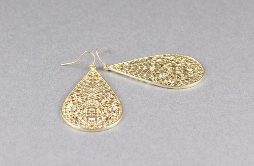 Gold teardrop earrings dangle cut out filigree scroll oval 2.5" long medallion - Picture 5 of 5