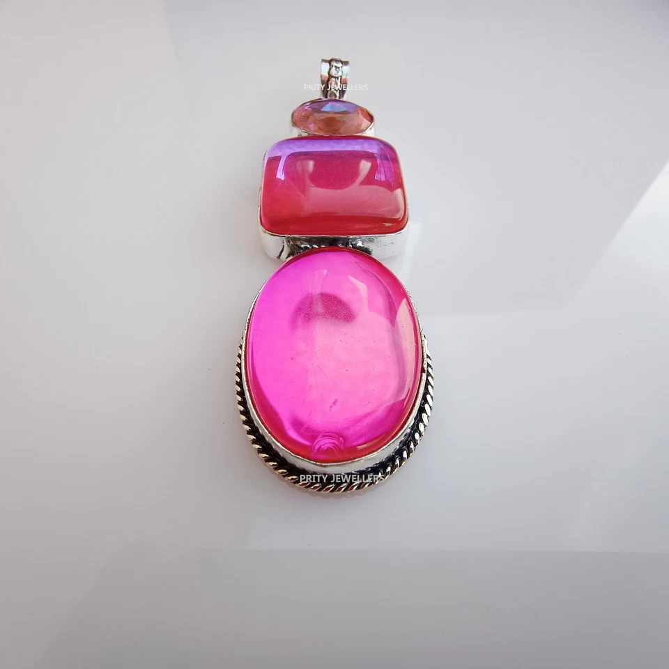 Pink Mystic Topaz Pendant, Silver Plated Pendant, Large Antique Handmade Pendant - Image 4 of 4