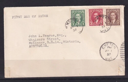 CANADA 1937 KGVI FIRST DAY COVER SET CORONATION ISSUE TO AUSTRALIA #C1146