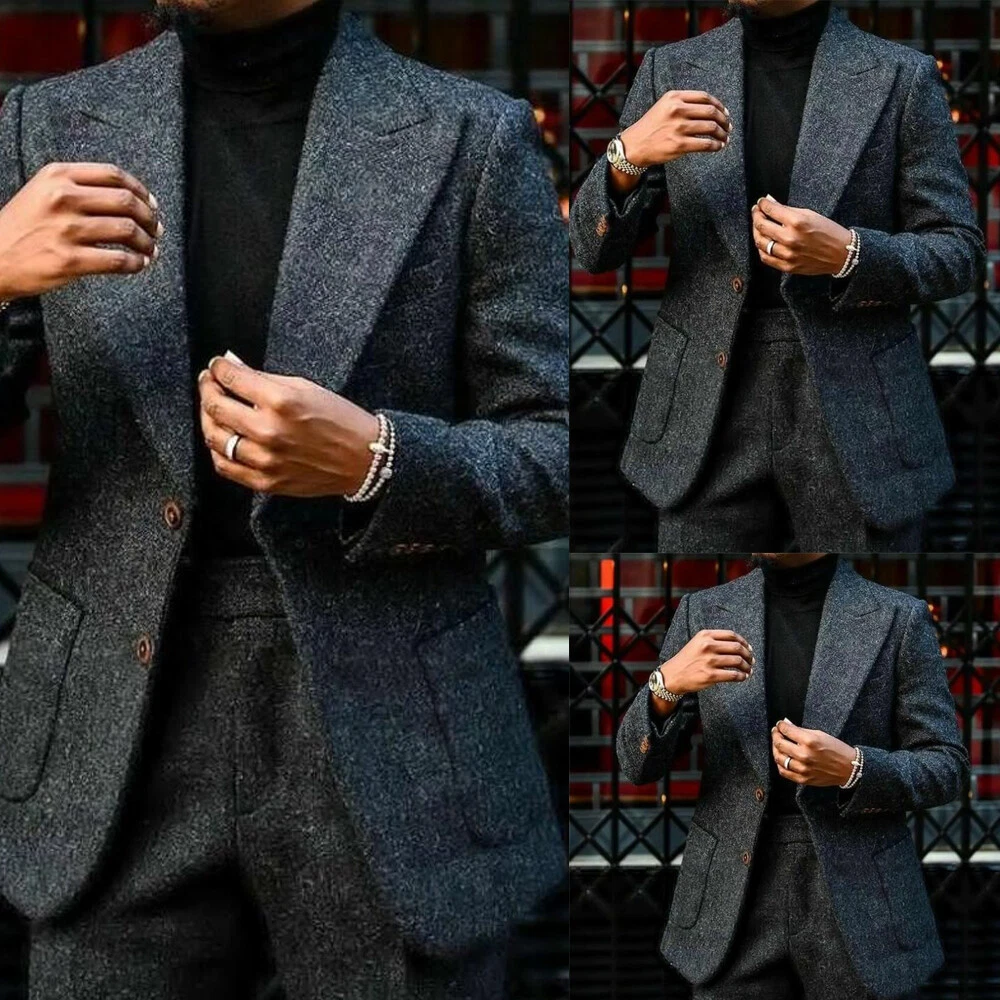 Peak Lapel Men Blazer Tweed Dark Grey 2 Piece Suit Wool Blend Winter Wear Tuxedo