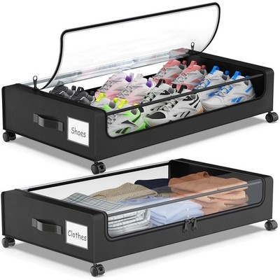 Under Bed Storage with Wheels, 2-Pack Underbed Storage Containers with Clear ...