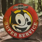 Vintage Chevrolet Porcelain Sign Felix The Cat Super Service Auto Dealer Gas Oil