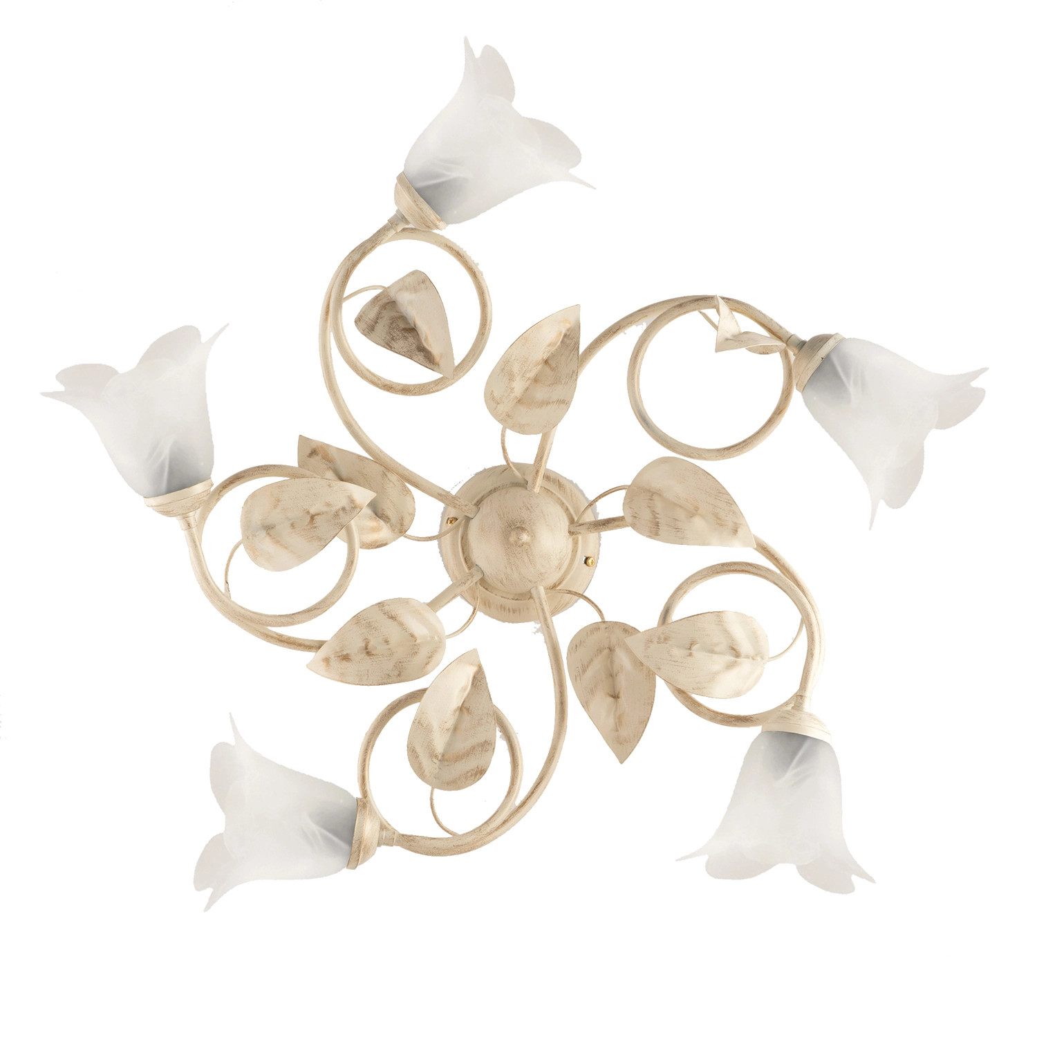 Plafoniera Classica 5Luci Foglie in Ferro Battuto Vetro Avorio Oro Serie Limone